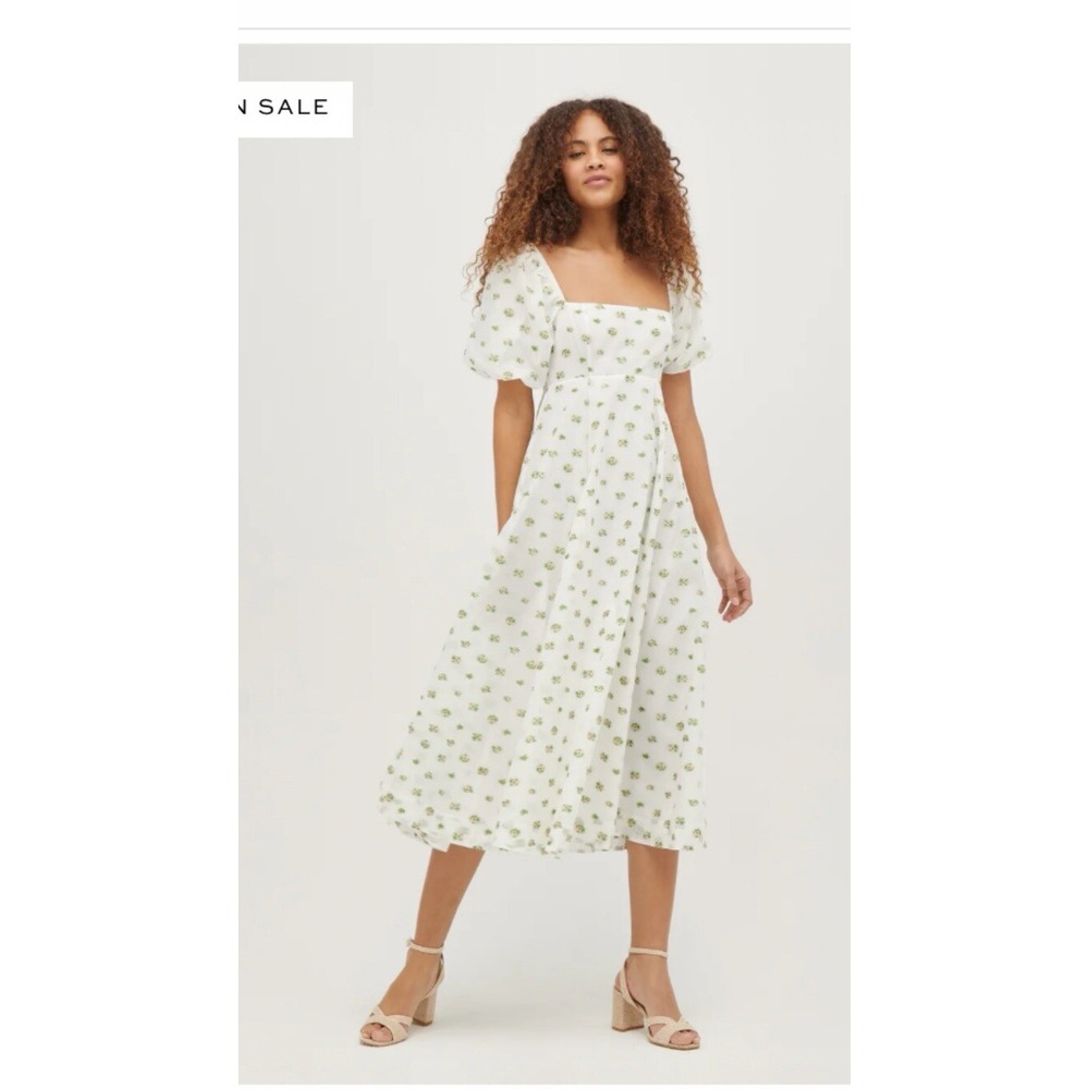 Hill House Midi Dress in White with Green Floral Print